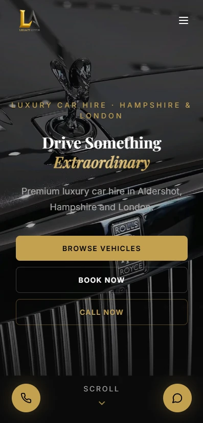 Legacy Autos website shown on a mobile phone