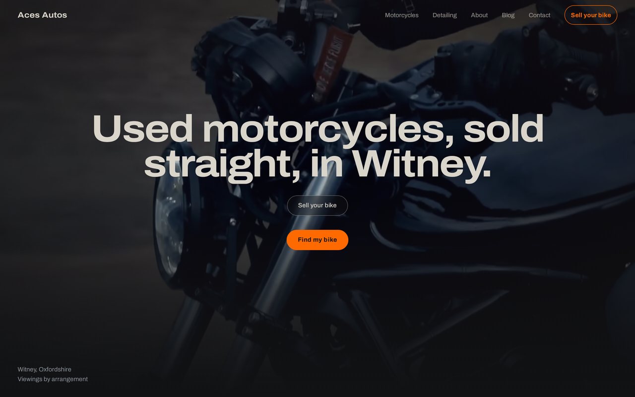 Aces Autos Motorcycles website shown on a desktop screen