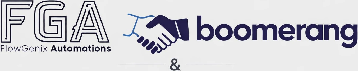 The FlowGenix Automations logo and the Boomerang logo either side of a handshake icon