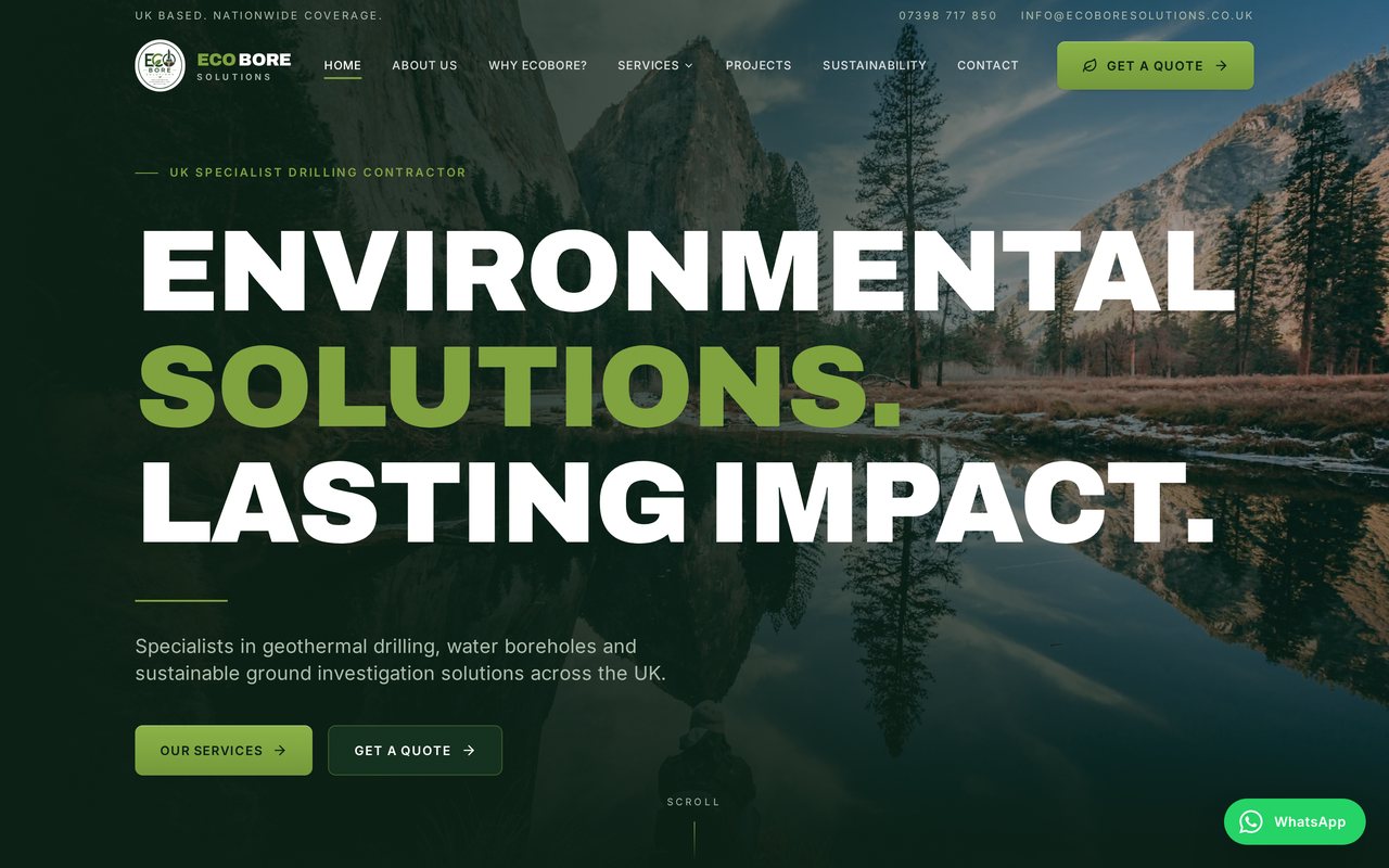 EcoBore Solutions website shown on a desktop screen