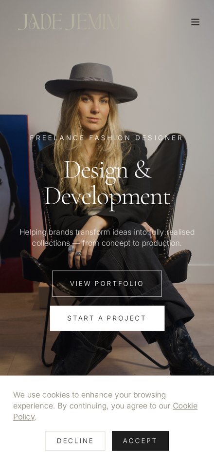 Jade Jemima Studio website shown on a mobile phone